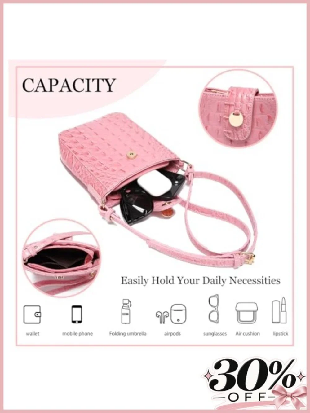 Crocodile Embossed Vegan Leather Small Crossbody Bag Magnetic Buckle